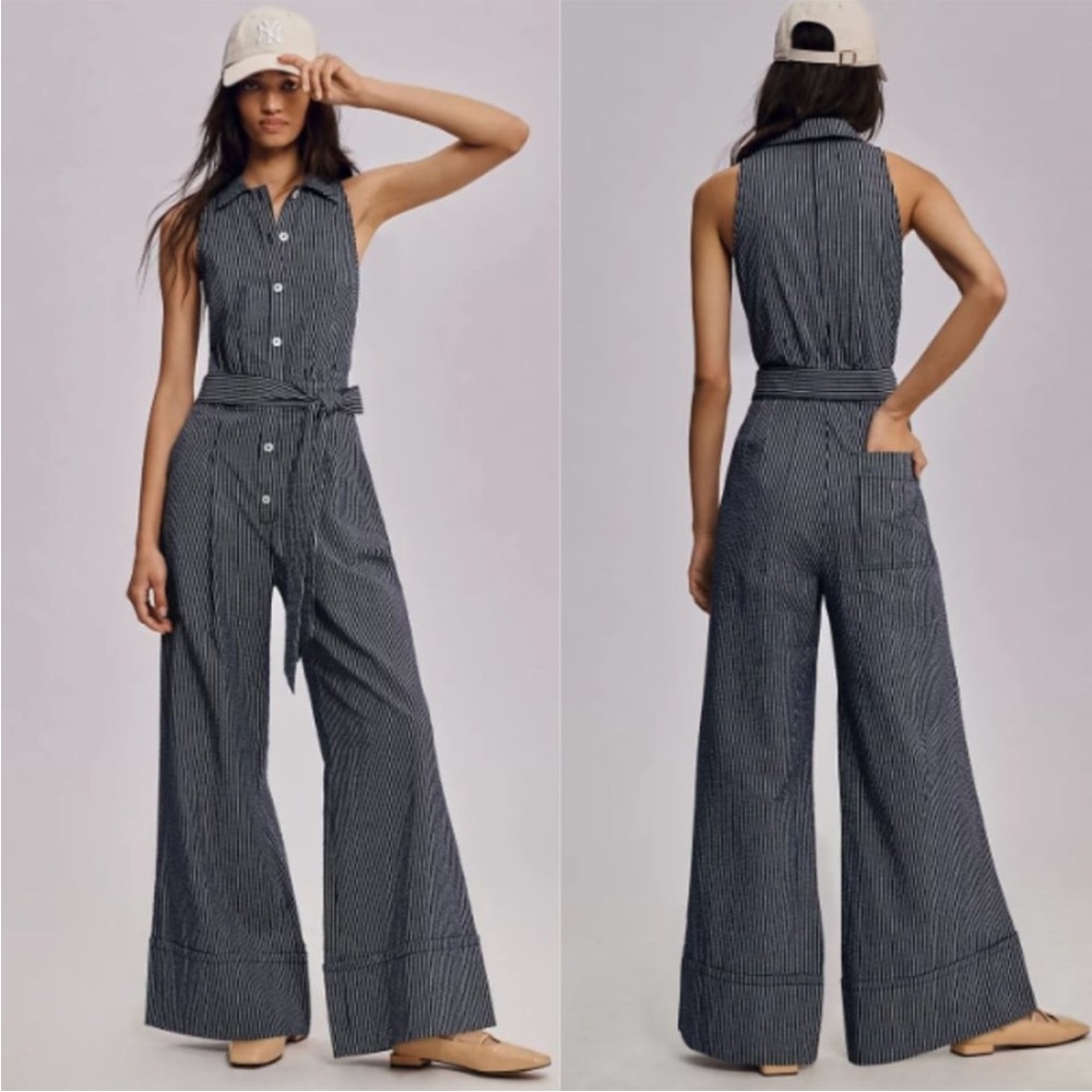 Anthropologie Maeve Sleeveless Shirting Jumpsuit NWT in Navy Pinstripe SZ 0